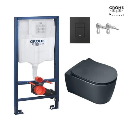 Bastidor GROHE pack cisterna empotrada y pulsador negro mate con inodoro suspendido Rim-ex Alfa Glacera negro mate