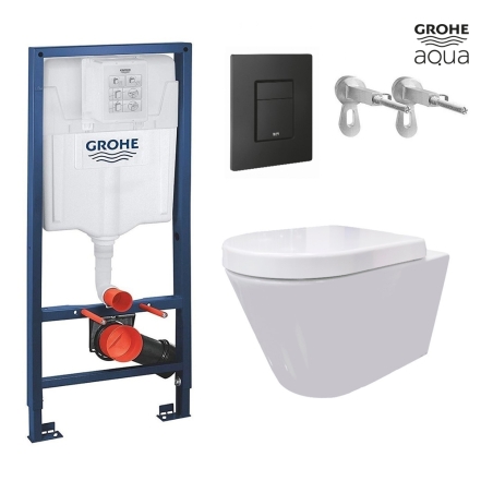 BASTIDOR GROHE CISTERNA EMPOTRADA Y PULSADOR EVEN NEGRO MAT CON INODORO SUSPENDIDO Rim-ex Avangard blanco br AQUA