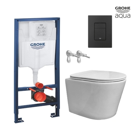 BASTIDOR GROHE PACK CISTERNA EMPOTRADA Y PULSADOR EVEN NEGRO CON INODORO SUSPENDIDO RIMLESS OASIS BLANCO BRILLO 48CM