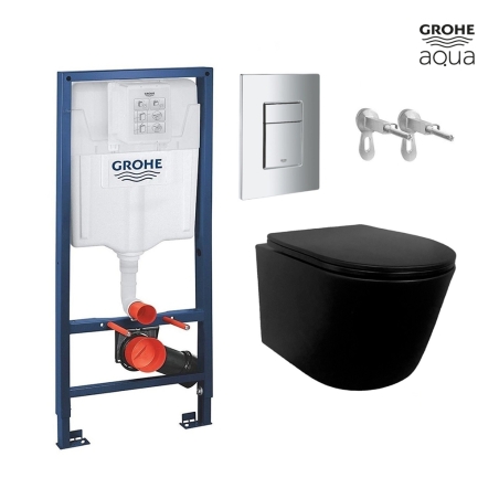 BASTIDOR GROHE PACK CISTERNA EMPOTRADA Y PULSADOR CROMO CON INODORO SUSPENDIDO RIMLESS MIRAGE NEGRO MATE 48CM