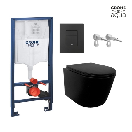BASTIDOR GROHE PACK CISTERNA EMPOTRADA Y PULSADOR EVEN NEGRO MAT CON INODORO SUSPENDIDO RIMLESS MIRAGE NEGRO MATE 48CM