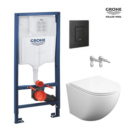 BASTIDOR GROHE PACK CISTERNA EMPOTRADA Y PULSADOR NEGRO MATE CON INODORO SUSPENDIDO ROUND SMART 52cm TOR 3 CON ASIENTO FINO KP