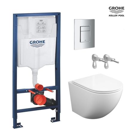 BASTIDOR GROHE PACK CISTERNA EMPOTRADA Y PULSADOR CROMO BR CON INODORO SUSPENDIDO ROUND SMART 52cm TOR 3 CON ASIENTO FINO DE KP