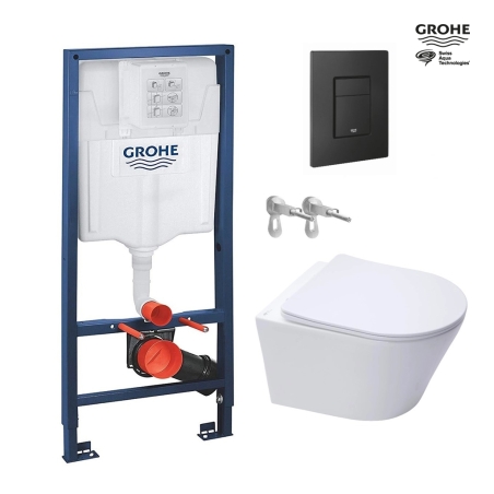 BASTIDOR GROHE PACK CISTERNA EMPOTRADA Y PULSADOR EVEN NEGRO MAT CON INODORO SUSP INFINITIO BLANCO BR 48CM SAT