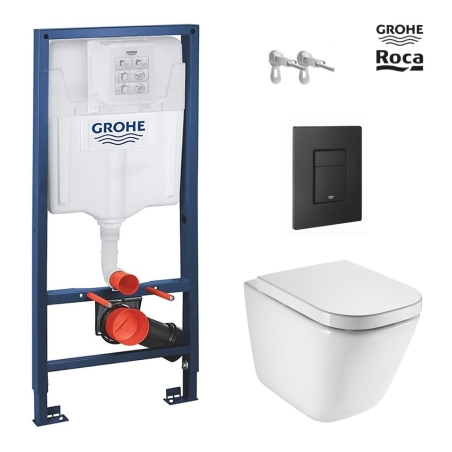 BASTIDOR GROHE PACK CISTERNA EMPOTRADA Y PULSADOR EVEN NEGRO MATE CON INODORO SUSPENDIDO ROCA THE GAP CON SISTEMA RIMLESS