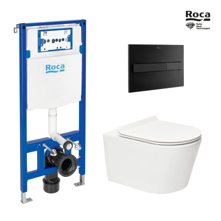 BASTIDOR ROCA DUPLO ONE PACK CISTERNA EMPOTRADA Y PULSADOR PL7 NEG MAT CON INODORO SUSPENDIDO RIM-EX BREVIS BLANCO BR 53 CM SAT