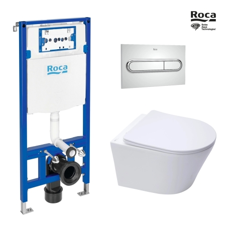 BASTIDOR ROCA DUPLO ONE PACK CISTERNA EMPOTRADA Y PULSADOR PL1 CROMO BR CON INODORO SUSPENDIDO RIM-EX INFINITIO BLANCO BR 48 CM