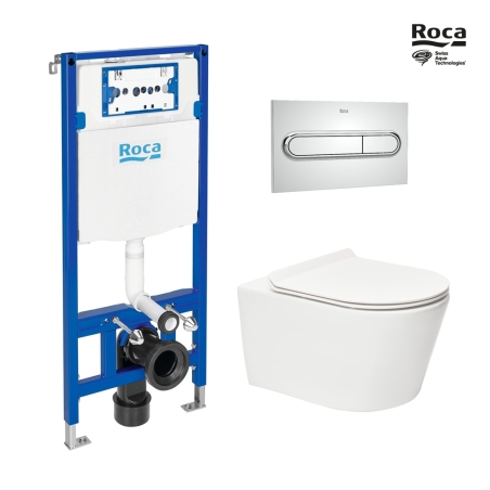 BASTIDOR ROCA DUPLO ONE PACK CISTERNA EMPOTRADA Y PULSADOR PL1 CROMO BRILLO CON INODORO SUSPENDIDO RIM-EX BREVIS BLANCO BR 53 CM