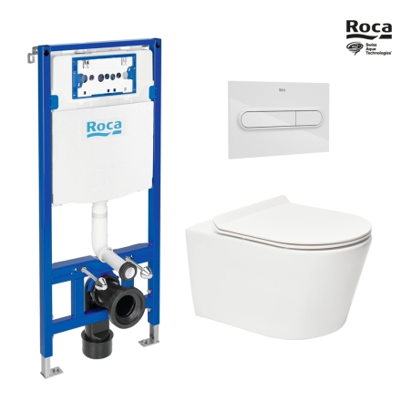 BASTIDOR ROCA DUPLO ONE PACK CISTERNA EMPOTRADA Y PULSADOR PL1 BLANCO BRILLO CON INODORO SUSPENDIDO RIM-EX BREVIS BL BR 53 CM