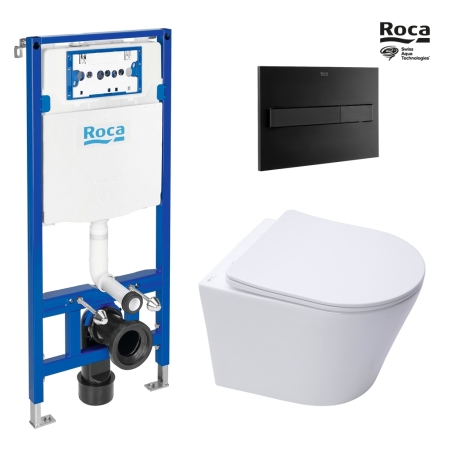 BASTIDOR ROCA DUPLO ONE PACK CISTERNA EMPOTRADA Y PULSADOR PL7 NEG MAT CON INODORO SUSPENDIDO RIM-EX INFINITIO BL BR 48 CM SAT