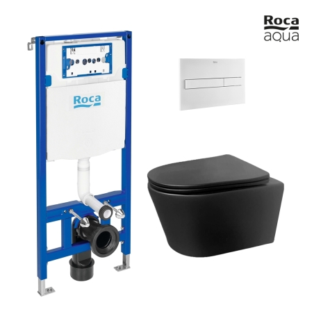 BASTIDOR ROCA DUPLO PACK CISTERNA EMPOTRADA Y PULSADOR PL7 BLANCO MATE CON INODORO SUSPENDIDO Rimless Eclipse Negro Mat de AQUA