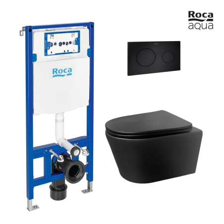 BASTIDOR ROCA DUPLO PACK CISTERNA EMPOTRADA Y PULSADOR PL10 NEGRO MATE CON INODORO SUSPENDIDO Rimless Eclipse Negro Mate de AQUA