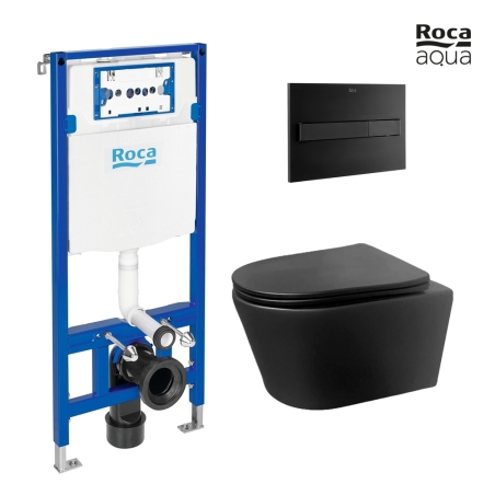 BASTIDOR ROCA DUPLO PACK CISTERNA EMPOTRADA Y PULSADOR PL7 NEGRO MATE CON INODORO SUSPENDIDO Rimless Eclipse Negro Mate de AQUA