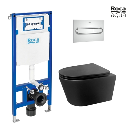 BASTIDOR ROCA DUPLO PACK CISTERNA EMPOTRADA Y PULSADOR PL1 CROMO BRILLO CON INODORO SUSPENDIDO Rimless Eclipse Negro Mat de AQUA