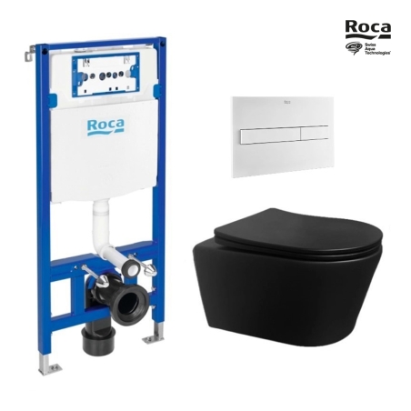 BASTIDOR ROCA DUPLO PACK CISTERNA EMPOTRADA Y PULSADOR PL7 DUAL BLANCO MATE CON INODORO SUSPENDIDO Rim-ex Brevis Negro de SAT