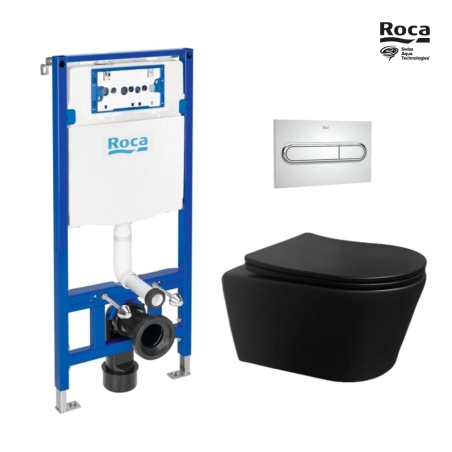 BASTIDOR ROCA DUPLO PACK CISTERNA EMPOTRADA Y PULSADOR CROMO MATE CON INODORO SUSPENDIDO Rim-ex Brevis Neg Mat de SAT