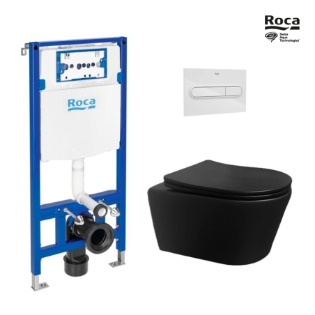 BASTIDOR ROCA DUPLO PACK CISTERNA EMPOTRADA Y PULSADOR PL1 BLANCO BRILLO CON INODORO SUSPENDIDO Rim-ex Brevis Negro Mat de SAT