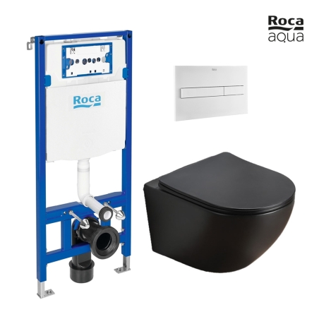 BASTIDOR ROCA DUPLO PACK CISTERNA EMPOTRADA Y PULSADOR PL7 BLANCO MATE CON INODORO SUSPENDIDO KALIOPA NEGRO MAT 49cm AQUA