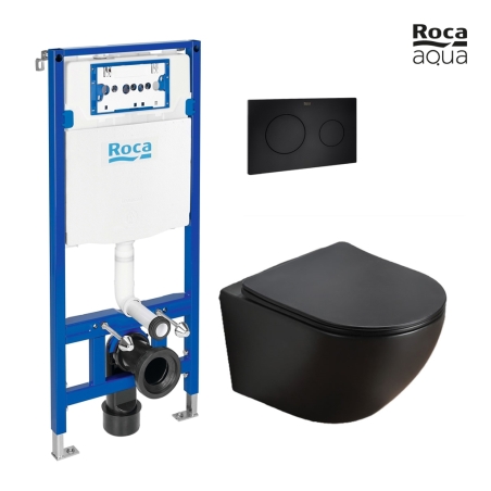 BASTIDOR ROCA DUPLO PACK CISTERNA EMPOTRADA Y PULSADOR PL10 NEGRO MATE CON INODORO SUSPENDIDO KALIOPA NEGRO MAT 49cm AQUA