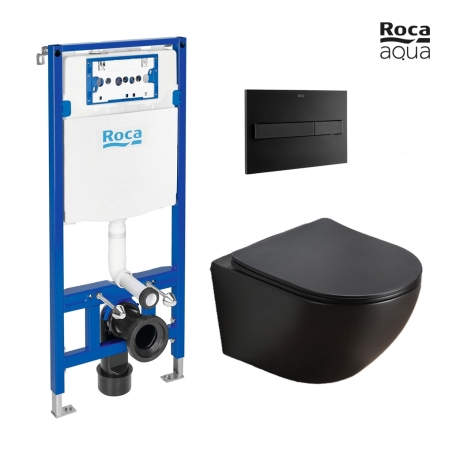 BASTIDOR ROCA DUPLO PACK CISTERNA EMPOTRADA Y PULSADOR ROCA PL7 DUAL NEG MAT CON INODORO SUSPENDIDO KALIOPA NEG MAT 49cm AQUA