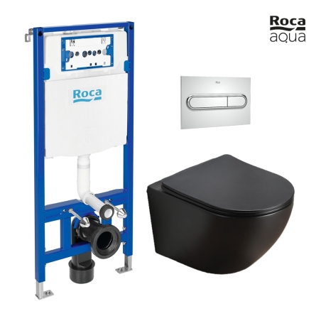 BASTIDOR ROCA DUPLO PACK CISTERNA EMPOTRADA Y PULSADOR PL1 CROMO BRILLO CON INODORO SUSPENDIDO KALIOPA NEGRO MAT 49cm AQUA
