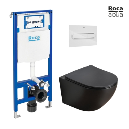 BASTIDOR ROCA DUPLO PACK CISTERNA EMPOTRADA Y PULSADOR PL1 BLANCO BRILLO CON INODORO SUSPENDIDO KALIOPA NEGRO MAT 49cm AQUA