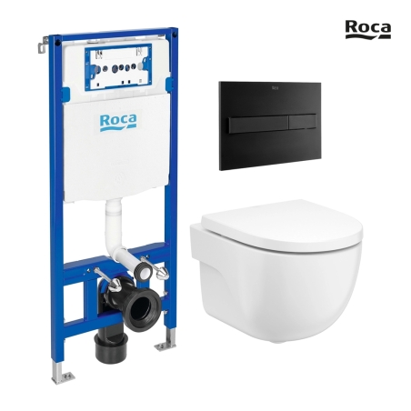 BASTIDOR ROCA DUPLO CON CISTERNA EMPOTRADA, PULSADOR NEGRO MATE, INODORO SUSPENDIDO ROCA MERIDIAN 48CM
