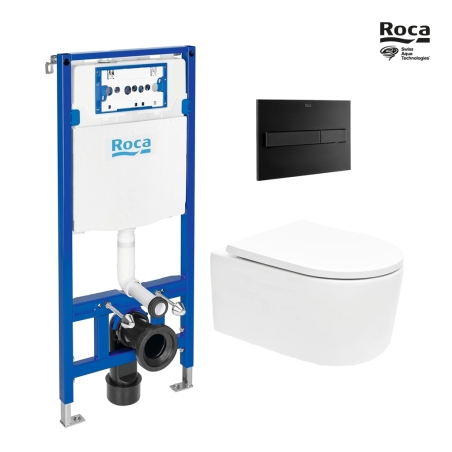 BASTIDOR ROCA DUPLO CON CISTERNA EMPOTRADA, PULSADOR NEGRO MATE, INODORO SUSPENDIDO TORNADO 72 SISTEMA VORTEX BLANCO DE SAT