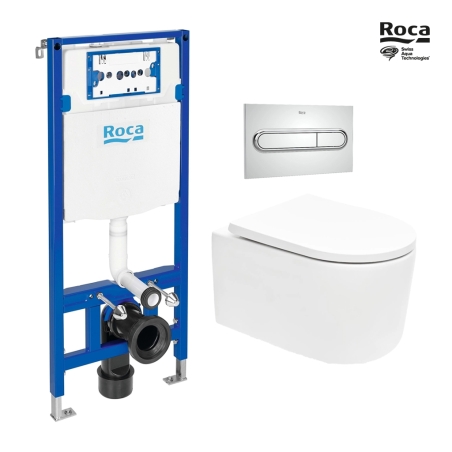 BASTIDOR ROCA DUPLO CON CISTERNA EMPOTRADA, PULSADOR CROMO BRILLO, INODORO SUSPENDIDO TORNADO 72 SISTEMA VORTEX BLANCO DE SAT
