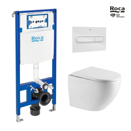 BASTIDOR ROCA DUPLO CON CISTERNA EMPOTRADA, PULSADOR BLANCO BRILLO, INODORO SUSPENDIDO TORNADO 67 SISTEMA VORTEX BLANCO DE SAT