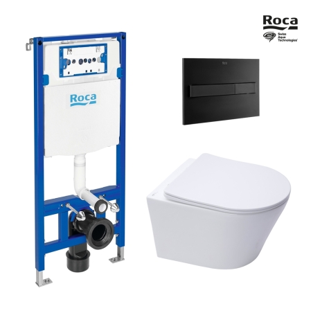 BASTIDOR ROCA DUPLO ONE PACK CISTERNA EMPOTRADA Y PULSADOR PL7 NEGRO MAT CON INODORO SUSPENDIDO RIM-EX INFINITIO BLANCO MAT 48cm