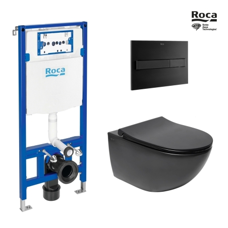 BASTIDOR ROCA DUPLO ONE PACK CISTERNA EMPOTRADA Y PULSADOR PL7 NEGRO MATE CON INODORO SUSPENDIDO RIM-EX INFINITIO NEG MAT 54 CM