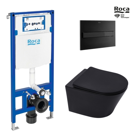 BASTIDOR ROCA DUPLO ONE PACK CISTERNA EMPOTRADA Y PULSADOR PL7 NEGRO MATE CON INODORO SUSPENDIDO RIM-EX INFINITIO NEG MAT 48 CM