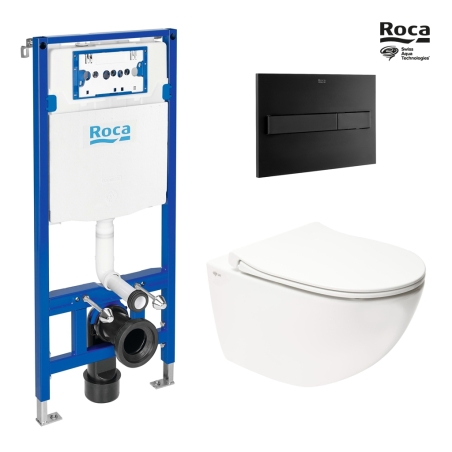 BASTIDOR ROCA DUPLO ONE PACK CISTERNA EMPOTRADA Y PULSADOR PL7 NEGRO MAT CON INODORO SUSPENDIDO RIM-EX INFINITIO BLANCO BR 54 CM