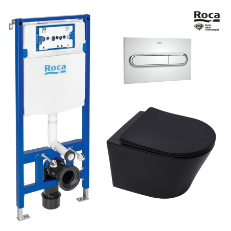BASTIDOR ROCA DUPLO ONE PACK CISTERNA EMPOTRADA Y PULSADOR PL1 CROMO BR CON INODORO SUSPENDIDO RIM-EX INFINITIO NEG MAT 48 CM