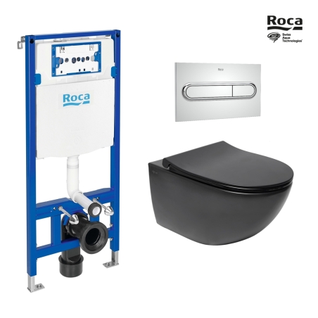 BASTIDOR ROCA DUPLO ONE PACK CISTERNA EMPOTRADA Y PULSADOR PL1 CROMO BR CON INODORO SUSPENDIDO RIM-EX INFINITIO NEG MAT 54 CM