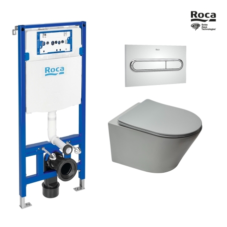 BASTIDOR ROCA DUPLO ONE PACK CISTERNA EMPOTRADA Y PULSADOR PL1 CROMO BR CON INODORO SUSPENDIDO RIM-EX INFINITIO GRIS 48CM DE SAT