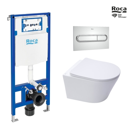 BASTIDOR ROCA DUPLO ONE PACK CISTERNA EMPOTRADA Y PULSADOR PL1 CROMO BR CON INODORO SUSPENDIDO RIM-EX INFINITIO BLANCO MAT 48CM