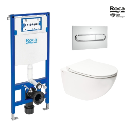 BASTIDOR ROCA DUPLO ONE PACK CISTERNA EMPOTRADA Y PULSADOR PL1 CROMO BR CON INODORO SUSPENDIDO RIM-EX INFINITIO BLANCO BR 54 CM