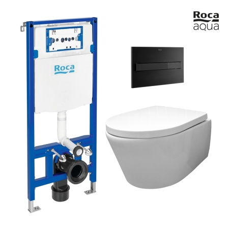 BASTIDOR ROCA DUPLO CISTERNA EMPOTRADA Y PULSADOR PL7 DUAL NEGRO MATE CON INODORO SUSPENDIDO Rim-ex Avangard blanco br AQUA
