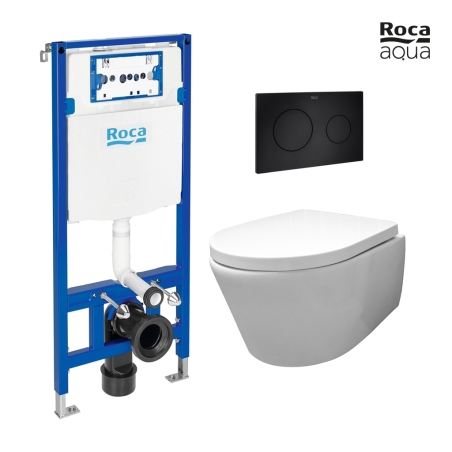 BASTIDOR ROCA DUPLO CISTERNA EMPOTRADA Y PULSADOR PL10 NEGRO MATE CON INODORO SUSPENDIDO Rim-ex Avangard blanco br AQUA