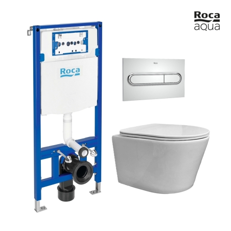 BASTIDOR ROCA DUPLO PACK CISTERNA EMPOTRADA Y PULSADOR PL1 DUAL CROMO BR CON INODORO SUSPENDIDO RIMLESS OASIS BLANCO BRILLO 48CM