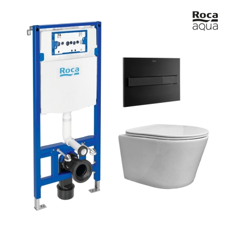 BASTIDOR ROCA DUPLO PACK CISTERNA EMPOTRADA Y PULSADOR PL7 DUAL NEGRO Mat C/ WC SUSPENDIDO RIMLESS OASIS BLANCO BRILLO 48CM
