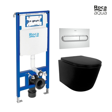 BASTIDOR ROCA DUPLO PACK CISTERNA EMPOTRADA Y PULSADOR PL1 DUAL CROMO BR CON INODORO SUSPENDIDO RIMLESS MIRAGE NEGRO MATE 48CM