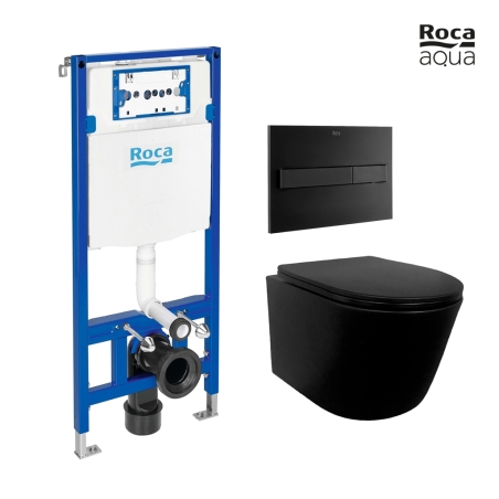 BASTIDOR ROCA DUPLO PACK CISTERNA EMPOTRADA Y PULSADOR PL7 DUAL NEGRO MATE CON INODORO SUSPENDIDO RIMLESS MIRAGE NEGRO MATE 48CM