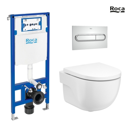 BASTIDOR ROCA DUPLO CON CISTERNA EMPOTRADA, PULSADOR PL1 CROMO BR, INODORO SUSPENDIDO BL ROCA MERIDIAN 48CM