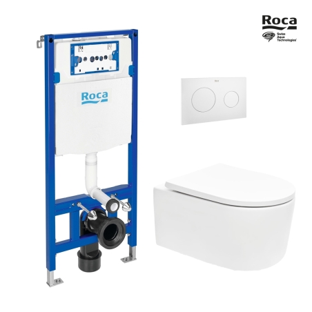 BASTIDOR ROCA DUPLO CON CISTERNA EMPOTRADA, PULSADOR PL10 BLANCO MATE, INODORO SUSPENDIDO TORNADO 72 SISTEMA VORTEX BLANCO SAT