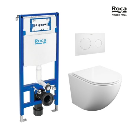 BASTIDOR ROCA DUPLO PACK CISTERNA EMPOTRADA Y PULSADOR PL10 BL MAT CON INODORO SUSPENDIDO ROUND SMART BL BR TOR 3 ASIENTO FINO