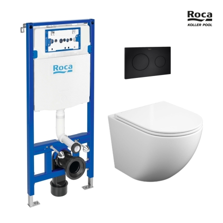 BASTIDOR ROCA DUPLO PACK CISTERNA EMPOTRADA Y PULSADOR PL10 NEG M CON INODORO SUSPENDIDO ROUND SMART BL B TOR 3 CON ASIENTO FINO