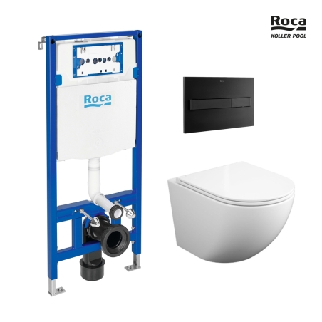 BASTIDOR ROCA DUPLO PACK CISTERNA EMPOTRADA Y PULSADOR PL7 NEG MAT C/ INODORO SUSPENDIDO ROUND SMART BL BR TOR 3 C/ ASIENTO FINO